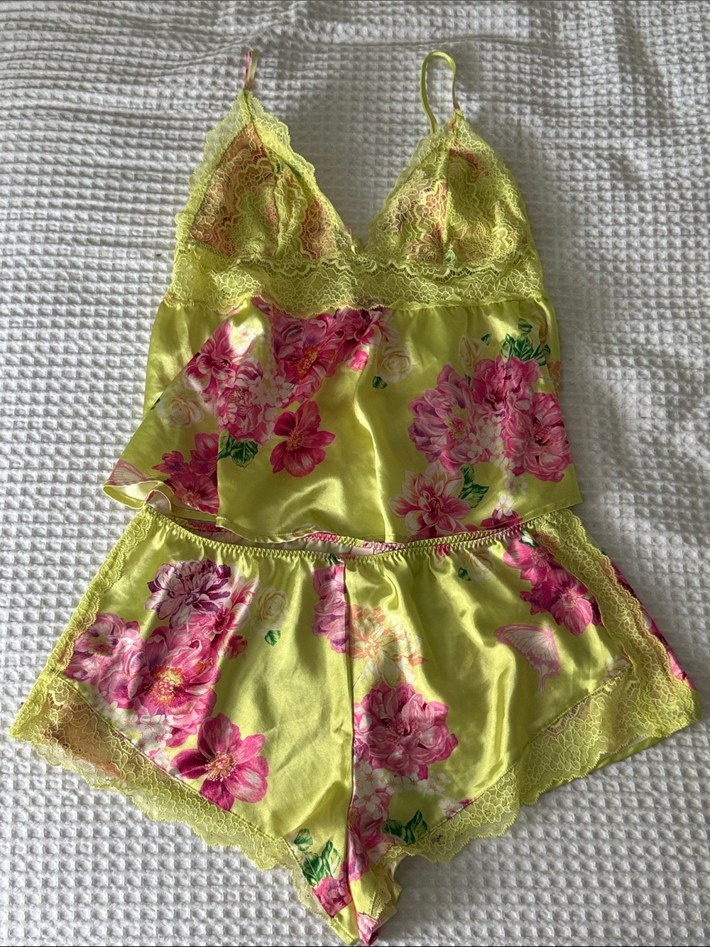 Victoria's Secret Yellow Floral Satin Lace Cami & Shorts Set